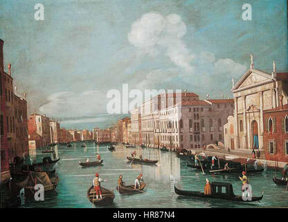 *Veduta del Canal grande da San Stae verso Rialto* è un paesaggio veneziano di un artista sconosciuto che raffigura il Canal grande a Venezia. Il dipinto cattura la bellezza architettonica degli edifici che costeggiano il canale, riflettendo la grandezza del paesaggio urbano di Venezia. Foto Stock