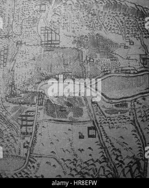 Il piano originale di Tbilisi, creato dal principe Vakhushti, offre una mappa dettagliata della struttura della città, che riflette lo sviluppo urbano e lo stile architettonico durante il XVIII secolo in Georgia. Mette in evidenza i monumenti storici significativi e la struttura urbana della capitale. Foto Stock