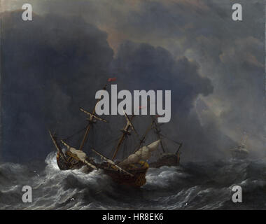 Willem van de Velde II - tre navi in un vento di tempesta Foto Stock