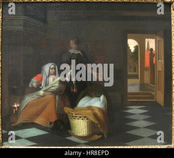 Una donna con un bambino e una cameriera in un interno, di Pieter De Hooch (1629-1684) - IMG 7342 Foto Stock