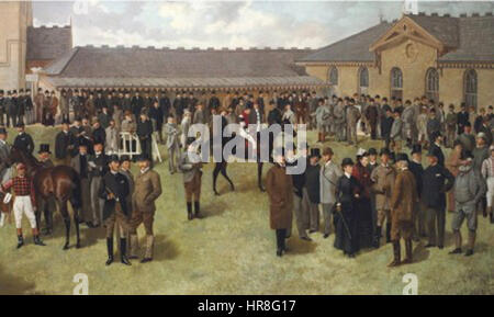 "The Birdcage at Newmarket on 2000 Guineas Day" rappresenta una vivace scena dell'ippodromo di Newmarket, catturando l'energia e l'emozione delle 2000 Guineas, una delle corse di cavalli più prestigiose della Gran Bretagna. Foto Stock