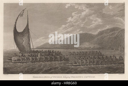 Tereoboo, re di Owyhee, portando presenta a Captain Cook da John Webber Foto Stock