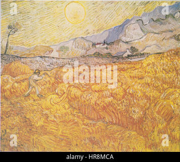 Il "Weizenfeld hinter dem Hospital Saint-Paul" di Van Gogh cattura un campo di grano dietro l'ospedale Saint-Paul. Il dipinto trasmette lo stile caratteristico di Van Gogh, con pennellate audaci e colori vivaci, mettendo in mostra il suo legame con la natura. Foto Stock