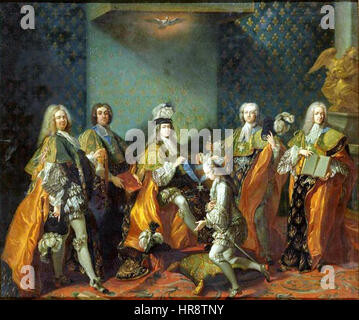 "Luigi XV Remettant le Cordon de l'Ordre du Saint-Esprit" di Van Loo raffigura il re francese, Luigi XV, che conferisce l'ordine dello Spirito Santo al conte di Clermont alla Reggia di Versailles. Questo momento cerimoniale riflette la grandezza e la natura rituale della vita reale francese nel XVIII secolo. Foto Stock