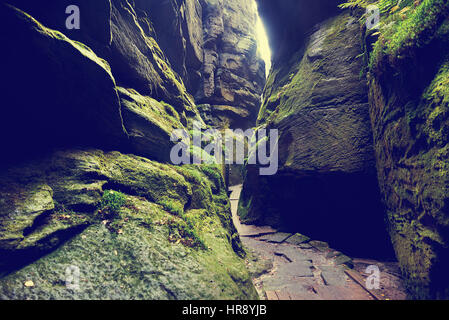 Fantastica vista del canyon verde della Siberia. Teplice-Adrspach Rock Town. Repubblica ceca. Foto artistiche. Bellezza Mondo. Foto Stock