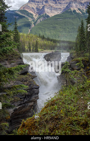 L'acqua che cade con potenza sulle rocce del Canyon Maligne in Alberta, Canada Foto Stock