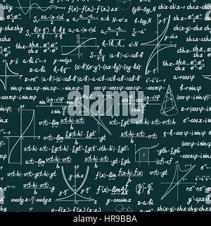 Matematica vettoriale seamless pattern con segni diversi, figure, formule e grafici di funzioni. Math verde sullo sfondo della lavagna Illustrazione Vettoriale