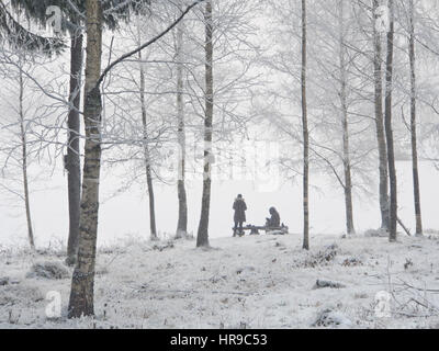 Paesaggio invernale in una nebbiosa giornata al Sognsvann, un popolare per escursioni e sci punto di partenza in Oslo Norvegia, accessibile mediante la metropolitana linea n. 5 Foto Stock