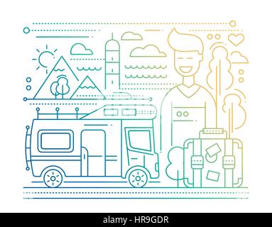 Caravan Turismo - linea design piatto illustrazione Illustrazione Vettoriale