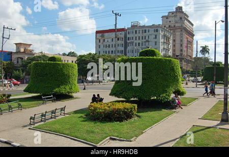 Vista del parco-come mediana di Avenida Paseo in El Vedado, Havana, Cuba Foto Stock