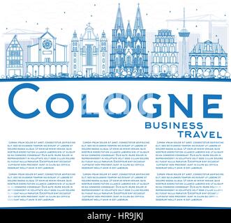 Profilo dello skyline di Colonia con edifici blu e copia spazio. illustrazione vettoriale. viaggi di affari e di turismo con il concetto di architettura storica. Illustrazione Vettoriale