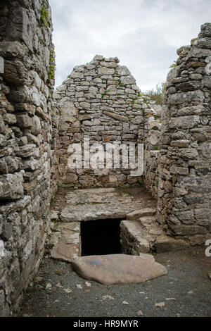 Gradini in pietra giù per la cripta in capel lligwy, una cappella in rovina vicino a Rhos lligwy in Anglesey, Galles del nord Foto Stock