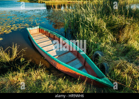 Lago o fiume e vecchio blu in legno a remi in barca da pesca in erba a fiumi banca in estate bella giornata di sole o la sera. Foto Stock