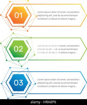 Infografico forma esagonale colorata i numeri da 1 a 3 e le colonne di testo illustrazione vettoriale. Illustrazione Vettoriale