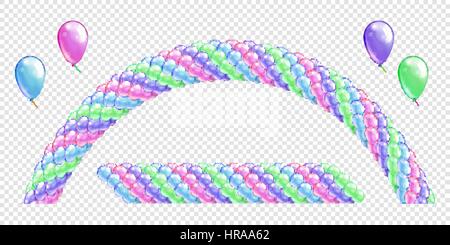 Ghirlande di palloncini. Colori delicati palloncini di linea e arch. Arco di palloncini. Blu Verde rosa violetto insieme a palloncino. Oggetti vettoriali su sfondo trasparente Illustrazione Vettoriale