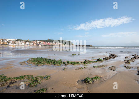 Una bella giornata di sole sulla spiaggia a Scarborough una popolare località balneare sulla costa nord est dell'Inghilterra. Foto Stock