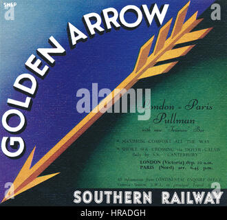 1946 British pubblicità per la Ferrovia Meridionale Golden Arrow servizio di treno da Londra a Parigi. Foto Stock