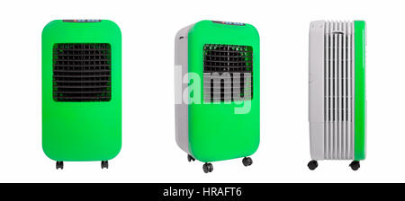 Raccolta di portable evaporative che lo scambiatore di calore aria e finestra dello scambiatore di calore aria con ionizzatore, isolati su sfondo bianco. Foto Stock