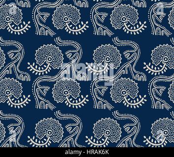 Seamless motivo floreale, tradizionale blocco stampate ornamento, fatti a mano motivo russo in blu navy e ecru. La stampa tessile. Illustrazione Vettoriale