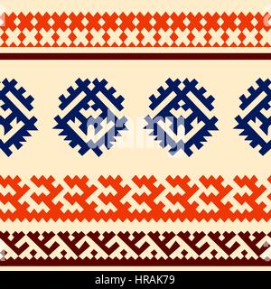 Tribal seamless pattern. Siberian folk stampa geometrica con motivi ornamentali del popolo Khanty nella loro autentica colori blu, arancione e marrone su un e Illustrazione Vettoriale