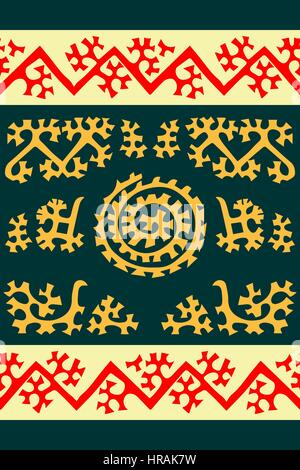 Tribal seamless pattern. Siberian folk stampa geometrica con motivi ornamentali di mansi persone nella loro autentica colori rosso e oro giallo su emer Illustrazione Vettoriale