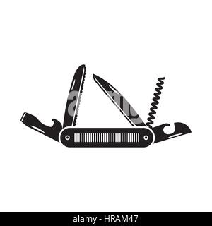 Tasca multifunzione icona coltello. Escursionismo e attrezzature per il campeggio attrezzo, illustrazione di vettore isolato su bianco. Illustrazione Vettoriale