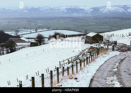 Welshpool, Powys, Regno Unito. Il 28 febbraio 2017. La neve copre le colline sopra Welshpool, Powys come tempesta Ewan porta le perturbazioni atmosferiche per il Regno Unito il martedì 28 febbraio, 2017. Un precedente sistema meteo, Storm Doris, alberi abbattuti e linee di alimentazione nella zona la scorsa settimana. Credito: Mike Sheridan/Alamy Live News Foto Stock