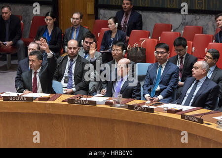 New York, Stati Uniti d'America. 28 Feb, 2017. Ambasciatore cinese all'ONU Liu Jieyi (C) anteriore voti contro un progetto di risoluzione del Consiglio di sicurezza al fine di instaurare un regime di sanzioni su uso di armi chimiche in Siria presso la sede delle Nazioni Unite a New York, il 28 febbraio, 2017. . Credito: Xinhua/Alamy Live News Foto Stock