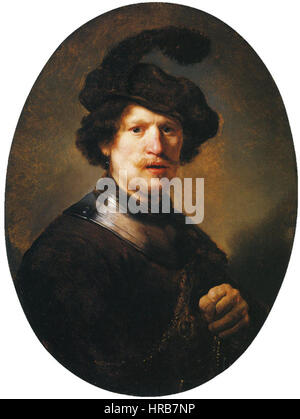 Rembrandt - uomo che indossa un berretto piumati e Gorget Foto Stock