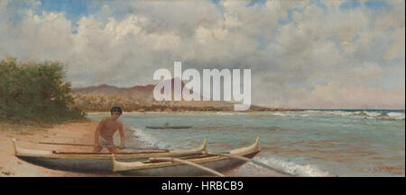 Giuseppe Dwight forte dell'olio su tela dipinto 'Pescatore Hawaiiani vicino al Diamond Head', 1895, 10 x 22 Foto Stock