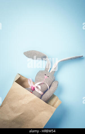 Coniglietto di Pasqua in un sacchetto di carta. Coniglio. Sfondo blu. Le idee di pasqua. Uova di Pasqua. Spazio per il testo. Tonica immagine. Tonificazione alla moda. Foto Stock