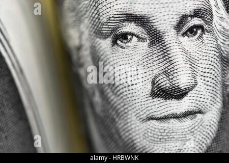 Macro-foto del volto di George Washington su US $$1 / un dollaro di fattura. Per la crisi bancaria degli Stati Uniti. Foto Stock