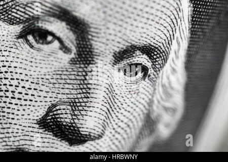 Macro-foto del volto di George Washington su US $$1 / un dollaro di fattura. Per la crisi bancaria degli Stati Uniti. Foto Stock