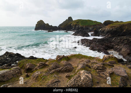 Forme d'onda colpendo il Cornish Coast a Kynance Cove Foto Stock