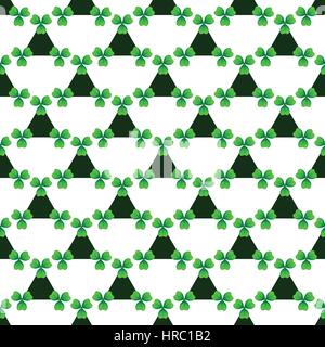 Shamrock, verde Lucky Clover con tre foglie. Rametto contro scuro sul triangolo bianco. Il giorno di San Patrizio seamless pattern. Vector tassellabile a elemento di design Illustrazione Vettoriale