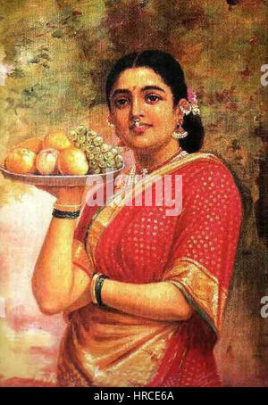 "La signora maharashtriana" di Raja Ravi Varma è un rinomato ritratto che raffigura una donna maharashtriana tradizionale, che mostra la maestria di Varma nel ritrarre le donne indiane in ambienti eleganti e ricchi di cultura. Il dipinto riflette la profonda attenzione dell'artista all'abbigliamento e ai gioielli indiani. Foto Stock