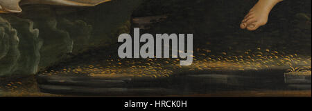 "La nascita di Venere" di Sandro Botticelli (1484-1486) è una delle opere più iconiche del Rinascimento italiano, raffigurante la dea Venere che emerge dal mare. Il dipinto è celebrato per la sua delicata rappresentazione della bellezza, della mitologia classica, e per l'uso di linee fluide e composizione armoniosa. Foto Stock