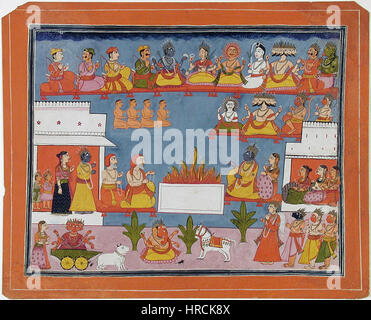 «Sita’s Ordeal by Fire» è una rappresentazione del Ramayana, che illustra il momento in cui Sita dimostra la sua castità camminando attraverso il fuoco dopo essere tornata da Lanka. L'opera mette in evidenza l'intensità emotiva e i temi divini centrali della narrazione epica. Foto Stock