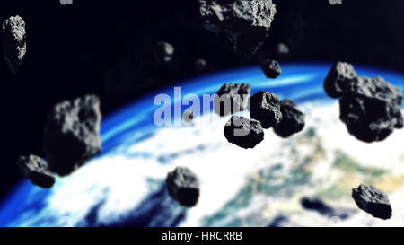 3D rendering di asteroidi della chiusura per il pianeta Terra. Focus su asteroidi. Apocalisse concetto. Foto Stock