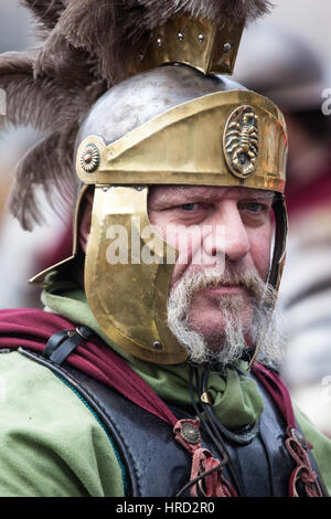 Immagini del carnevale romano, tenutasi in Piazza del Popolo a Roma, con lo spettacolo di il più grande spettacolo di cavalli in Europa,e Lancieri di Montebello Foto Stock