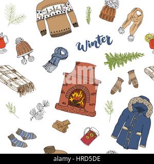 Stagione invernale scarabocchi seamless pattern. Disegnato a mano gli elementi di disegno camino, un bicchiere di vino caldo, vestiti, calde coperte, calze, guanti e un cappello. vettore Illustrazione Vettoriale