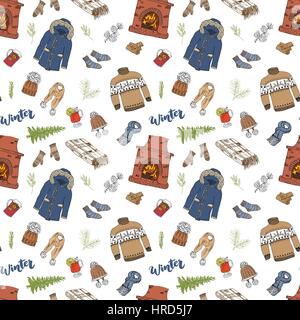 Stagione invernale scarabocchi seamless pattern. Disegnato a mano gli elementi di disegno camino, un bicchiere di vino caldo, vestiti, calde coperte, calze, guanti e un cappello. vettore Illustrazione Vettoriale