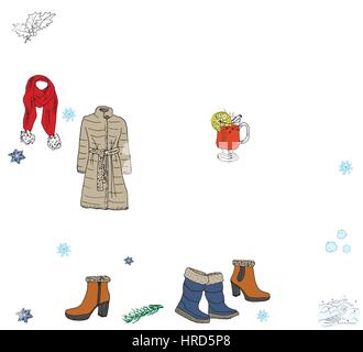 Stagione invernale impostato doodle elementi. Mano bozzetto collezione con camino, un bicchiere di vino caldo, stivali, vestiti, calde coperte, calze, guanti e cappelli Illustrazione Vettoriale