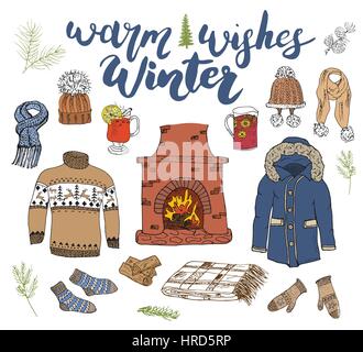 Stagione invernale impostato doodle elementi. Mano bozzetto collezione con camino, un bicchiere di vino caldo, stivali, vestiti, calde coperte, calze, guanti e cappelli Illustrazione Vettoriale