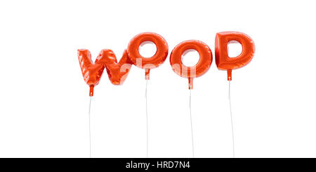 Legno - parola fatta dal foglio in plastica rosso palloncini - 3D rendering. Può essere utilizzato online un banner pubblicitario o una cartolina di stampa. Foto Stock