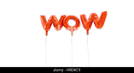 WOW - parola fatta dal foglio in plastica rosso palloncini - 3D rendering. Può essere utilizzato online un banner pubblicitario o una cartolina di stampa. Foto Stock