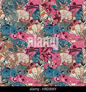 Cartoon colorati disegnati a mano scarabocchi. Sotto l'acqua di vita. Vettore Illustrazione Vettoriale