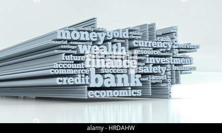 Word cloud con termini circa le attività bancarie e finanziarie (3d rendering) Foto Stock