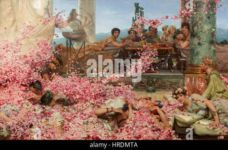 "Le rose di Eliogabalo" di Sir Lawrence Alma-Tadema raffigura un sontuoso banchetto romano dove l'imperatore Eliogabalo è soffocato da petali di rosa. Il dipinto è noto per i suoi colori vivaci e la narrazione storica. Foto Stock