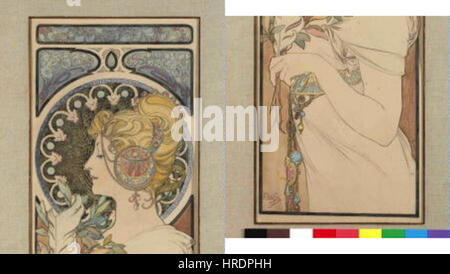 Autor Alfons Mucha 24.7.1860-14.7.1939 - Navrh na pano Pero Foto Stock